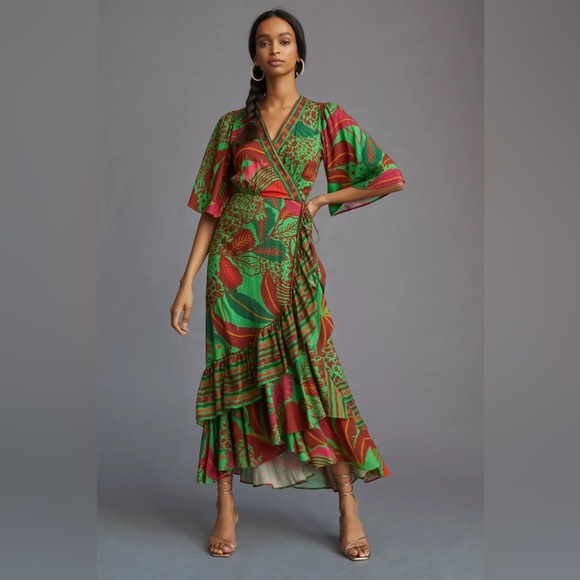 Farm Rio x Anthropologie green tropical floral maxi wrap dress - XS - Picture 2 of 4